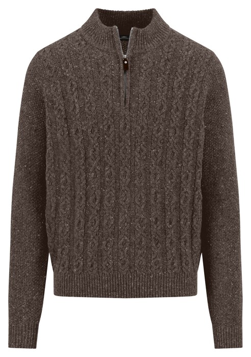Fynch-Hatton Troyer Zip Cable Knit Donegal Trui Dark Chocolate