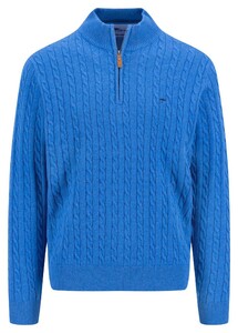 Fynch-Hatton Troyer Zip Cotton Cable Knit Trui Strong Blue