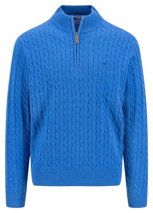 Fynch-Hatton Troyer Zip Cotton Cable Knit Trui Strong Blue