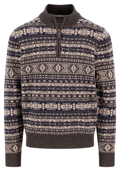 Fynch-Hatton Troyer Zip Fantasy Jacquard Lamswol Trui Dark Chocolate