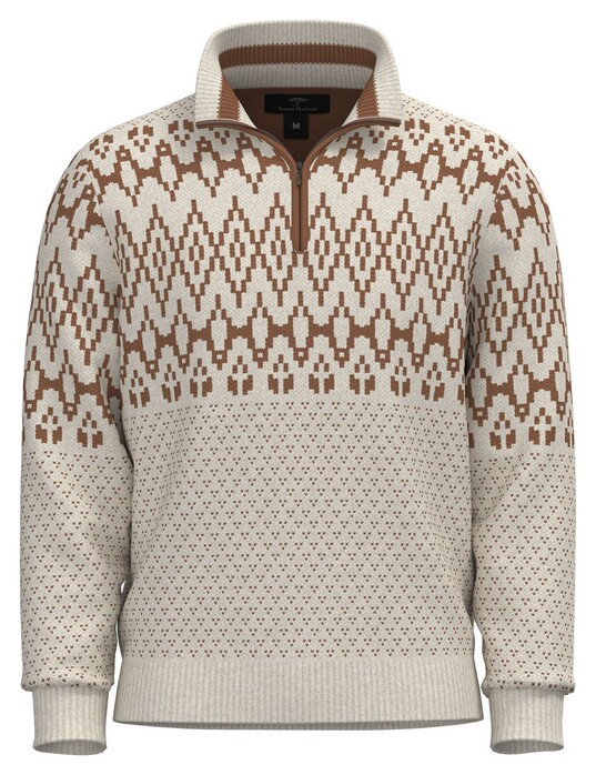 Fynch-Hatton Troyer Zip Lambswool Modern Pattern Trui Winter White-Brown