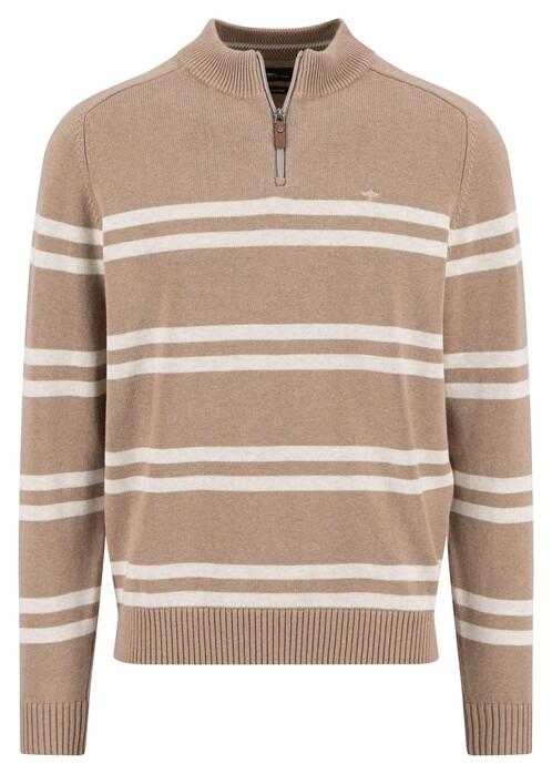 Fynch-Hatton Troyer Zip Striped Supersoft Cotton Trui Taupe