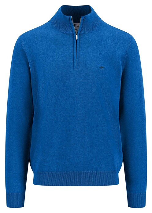 Fynch-Hatton Troyer Zip Uni Color Superfine Cotton Knit Trui Strong Blue