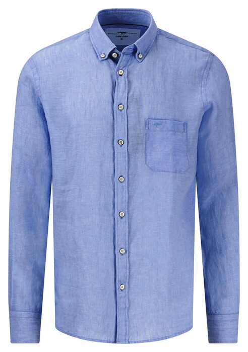 Fynch-Hatton Uni Color Premium Linnen Button-Down Overhemd Strong Blue