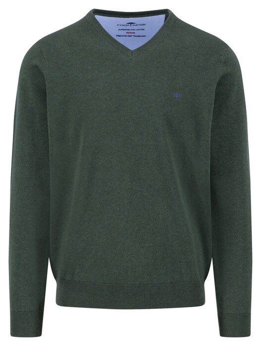 Fynch-Hatton Uni Color Superfine Cotton V-Neck Trui Dark Ivy