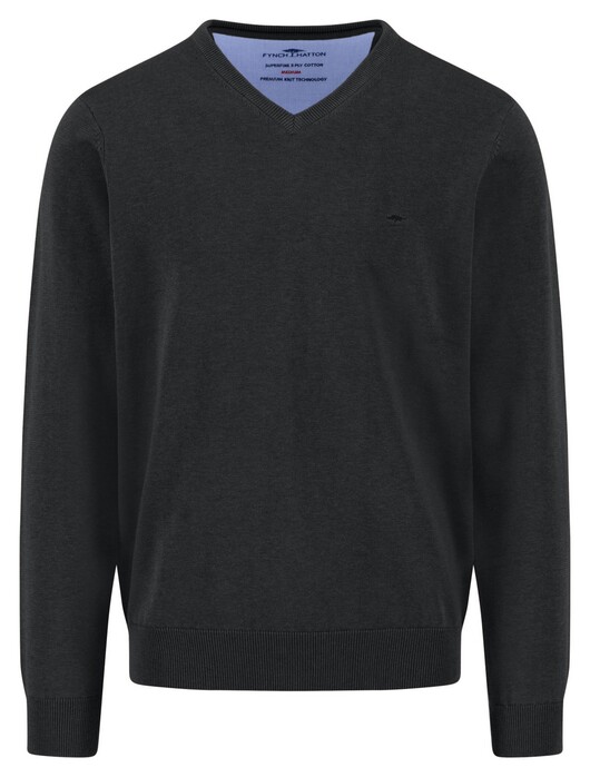 Fynch-Hatton Uni Color Superfine Cotton V-Neck Trui Zwart