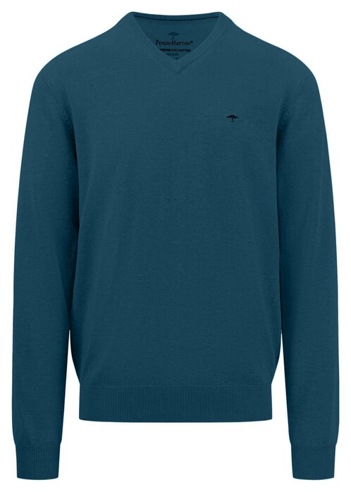 Fynch-Hatton Uni Color V-Neck Superfine Cotton Trui Dark Teal