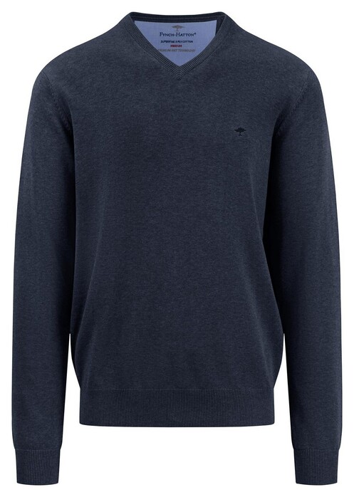 Fynch-Hatton Uni Color V-Neck Superfine Cotton Trui Navy