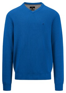 Fynch-Hatton V-Neck Allover Texture Superfine Cotton Trui Strong Blue