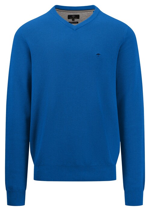 Fynch-Hatton V-Neck Allover Texture Superfine Cotton Trui Strong Blue
