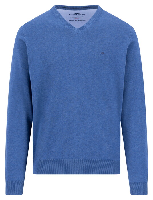 Fynch-Hatton V-Neck Solid Color Superfine 3-Ply Cotton Pullover Ink Blue