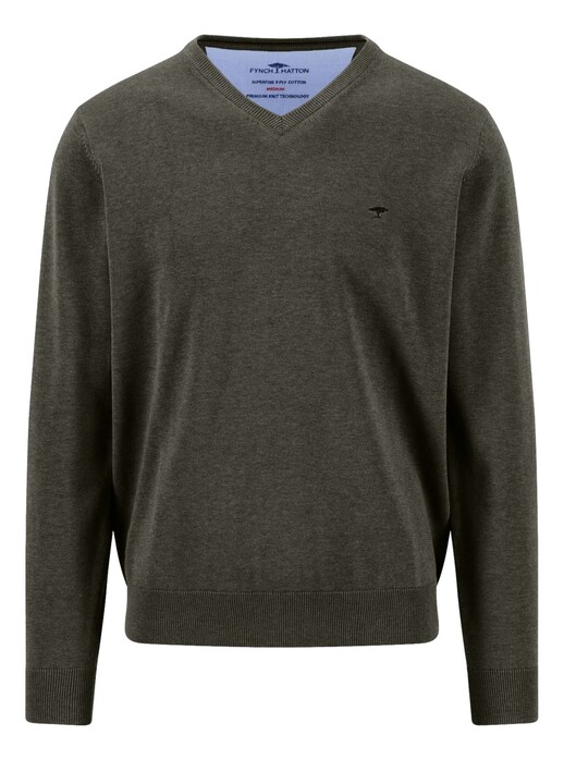 Fynch-Hatton V-Neck Solid Color Superfine 3-Ply Cotton Trui Cypress