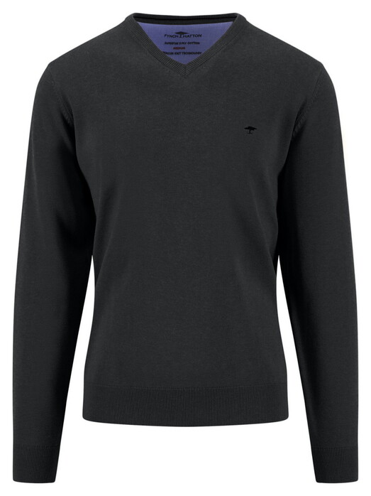 Fynch-Hatton V-Neck Solid Color Superfine 3-Ply Cotton Trui Zwart