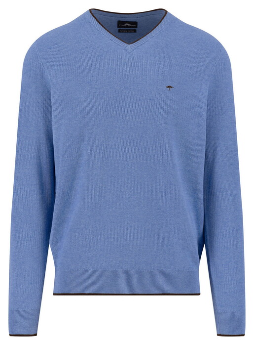 Fynch-Hatton V-Neck Superfine Cotton Subtle Texture Trui Crystal Blue