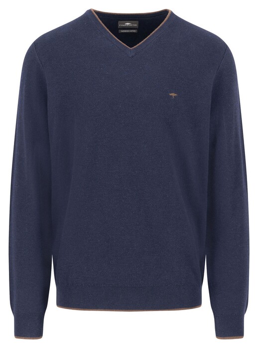 Fynch-Hatton V-Neck Superfine Cotton Subtle Texture Trui Navy