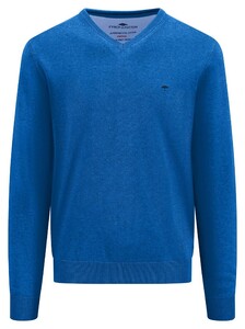 Fynch-Hatton V-Neck Uni Color Superfine Cotton Knit Trui Strong Blue