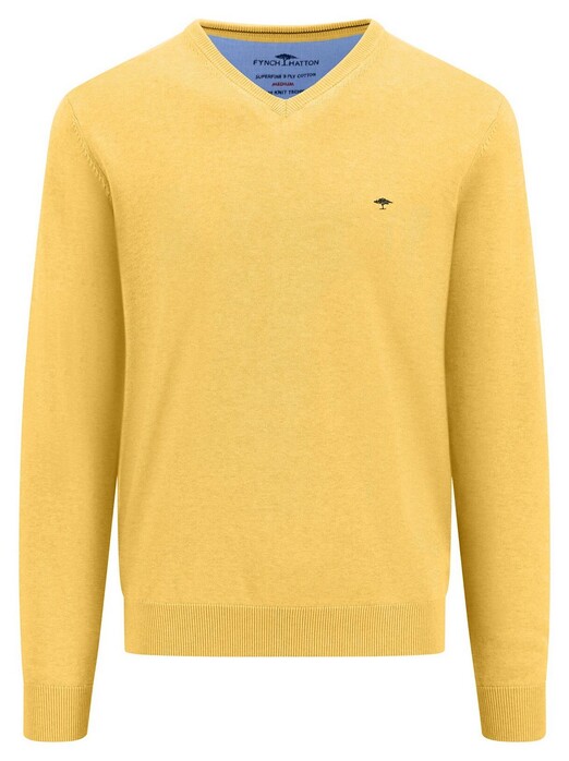 Fynch-Hatton V-Neck Uni Color Superfine Cotton Knit Trui Vivid Yellow