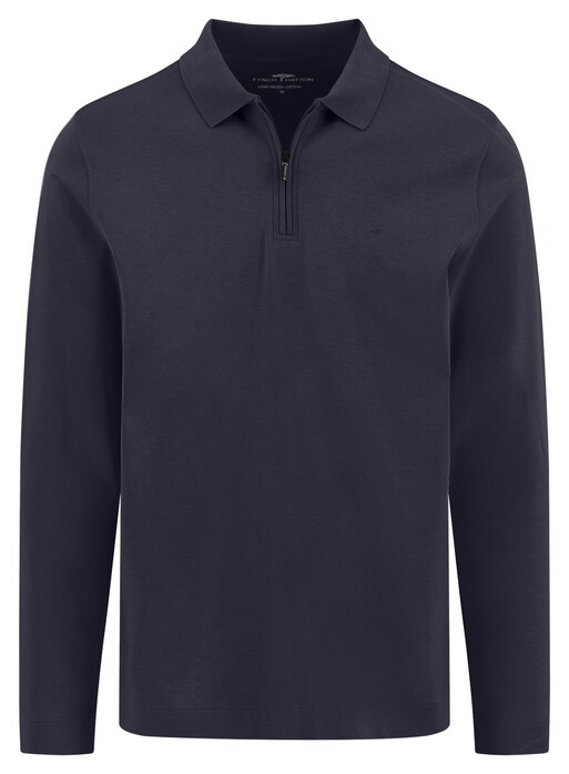 Fynch-Hatton Zip Collar Long Sleeve Interlock Cotton Polo Navy