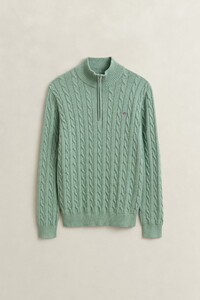 Gant Allover Cable Knit Cotton Half Zip Pullover Soft Green Melange