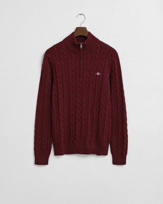 Gant Allover Cable Knit Cotton Half Zip Trui Bordeaux Melange