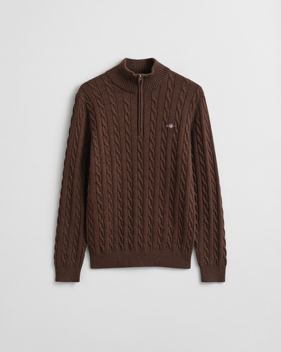 Gant Allover Cable Knit Cotton Half Zip Trui Brown Melange