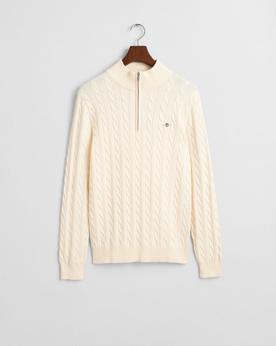 Gant Allover Cable Knit Cotton Half Zip Trui Cream