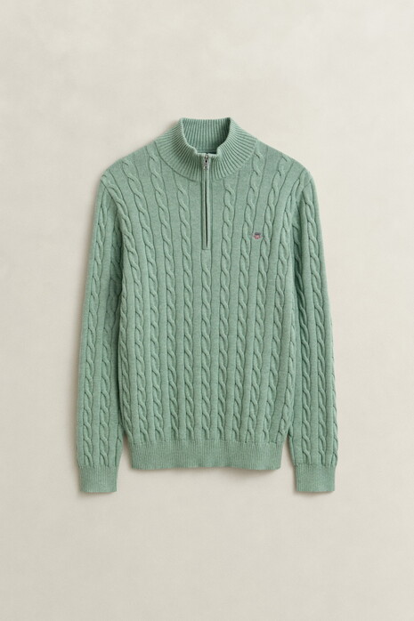 Gant Allover Cable Knit Cotton Half Zip Trui Soft Green Melange