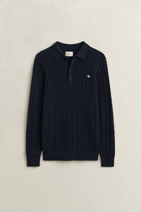 Gant Classic Cable Knit Organic Cotton Polo Collar Pullover Evening Blue