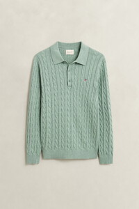 Gant Classic Cable Knit Organic Cotton Polo Collar Pullover Soft Green Melange
