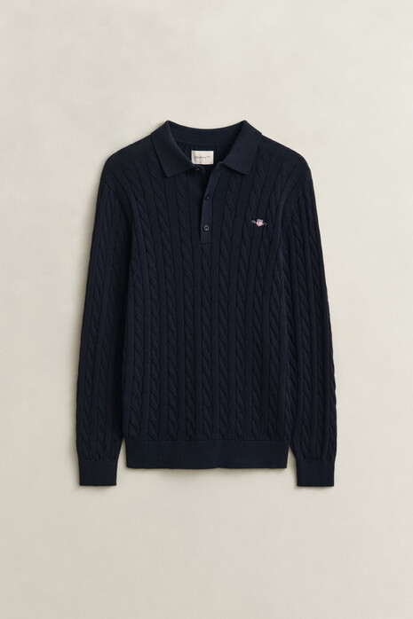 Gant Classic Cable Knit Organic Cotton Polo Collar Trui Avond Blauw