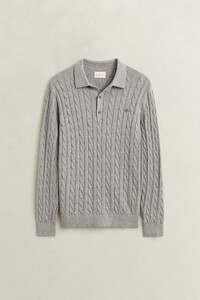 Gant Classic Cable Knit Organic Cotton Polo Collar Trui Grijs Melange