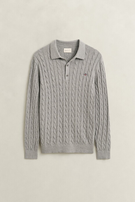 Gant Classic Cable Knit Organic Cotton Polo Collar Trui Grijs Melange