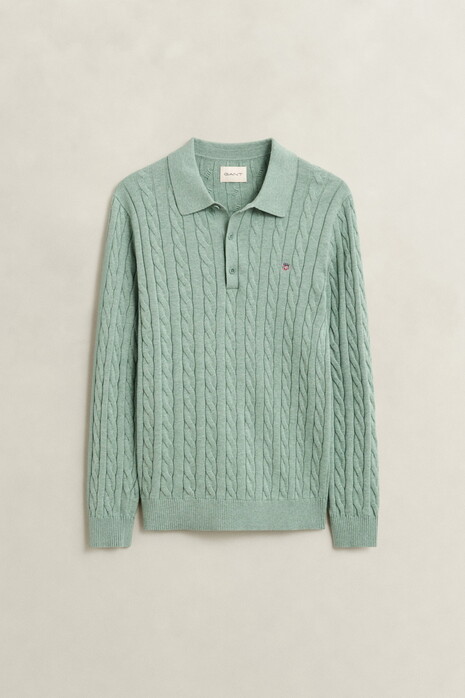 Gant Classic Cable Knit Organic Cotton Polo Collar Trui Soft Green Melange