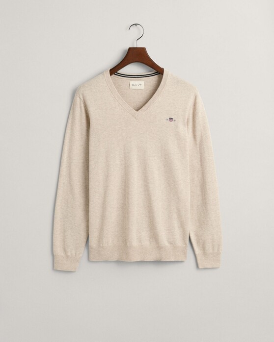 Gant Classic Cotton V-Neck Trui Licht Beige Melange