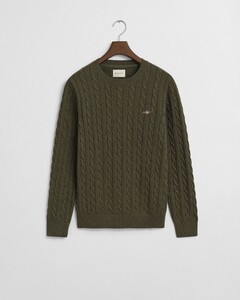 Gant Cotton Cable Ronde Hals Trui Khaki Green Melange
