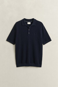 Gant Cotton Check Texture Short Sleeve Polosweater Trui Avond Blauw
