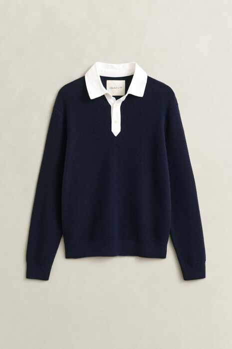 Gant Cotton Merino Rugger Subtle Ribbed Texture Trui Avond Blauw