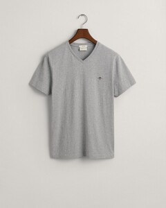 Gant Fine Shield Embroidery Uni V-Neck T-Shirt Grey Melange