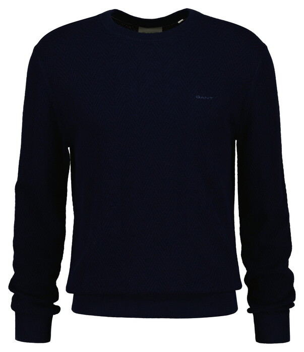 Gant Herringbone Textured Cotton Merino Crew Neck Trui Avond Blauw