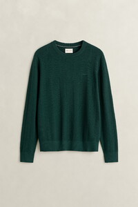 Gant Herringbone Textured Cotton Merino Crew Neck Trui Tartan Green