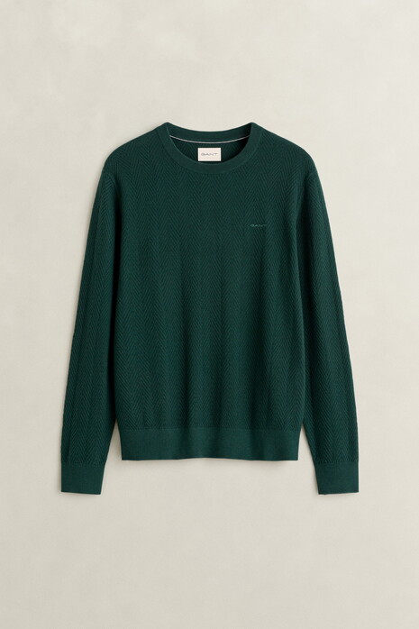 Gant Herringbone Textured Cotton Merino Crew Neck Trui Tartan Green