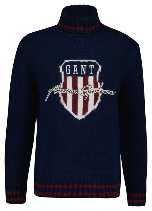 Gant Knitted Shield Graphic Rollneck Trui Avond Blauw