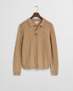 Gant Lambswool Cable Polo Collar Pullover Trui Khaki Melange