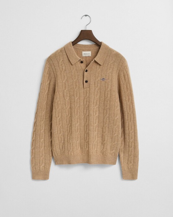Gant Lambswool Cable Polo Collar Pullover Trui Khaki Melange