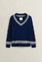 Gant Mercerized Organic Cotton Cable V-Neck Trui Persian Blue