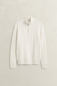 Gant Rich Lambswool Blend Cable Knit Half Zip Pullover Cream