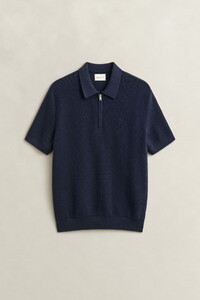 Gant Solid Color Cotton Rib Knit Half Zip Polo Sweater Pullover Evening Blue