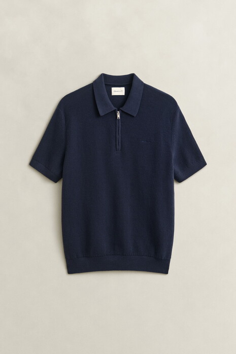 Gant Solid Color Cotton Rib Knit Half Zip Polo Sweater Trui Avond Blauw