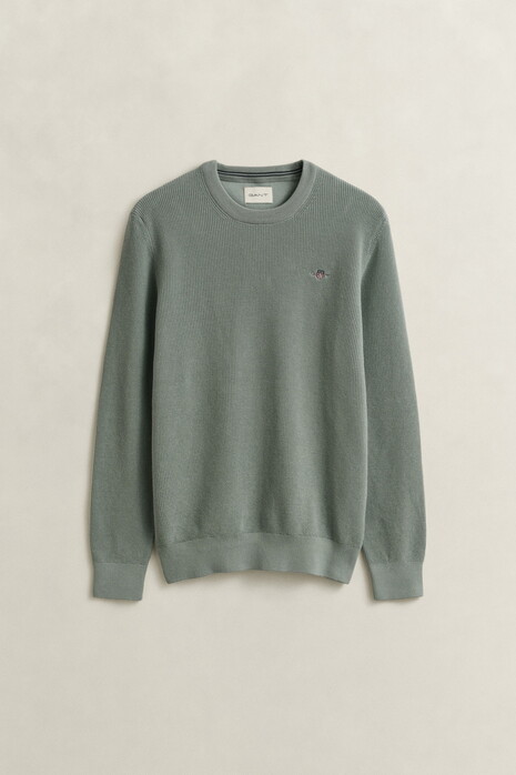 Gant Solid Color Micro Textured Cotton Crew Neck Pullover Ceramic Grey