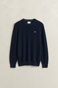 Gant Solid Color Micro Textured Cotton Crew Neck Trui Avond Blauw